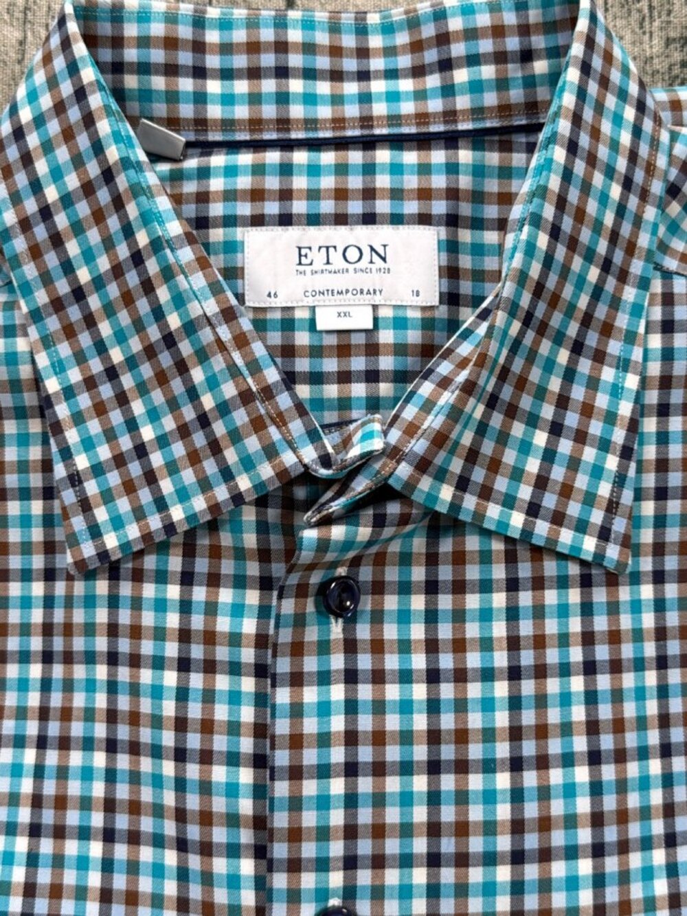 Eton Contemporary Dress Shirt Men's 46 18 XXL Teal Plaid Cotton Long Sleeve